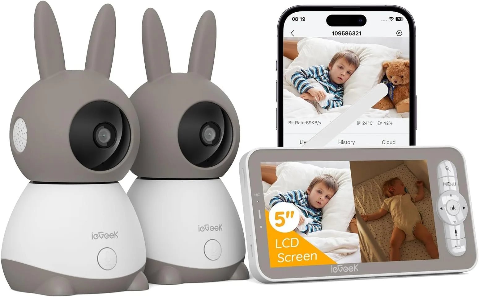 ieGeek 5 Inch Baby Monitor with 2 Cameras 2K/3MP,   PTZ 355°, IR Night Vision, Automatic Tracking, Crying/Motion/Noise Detection