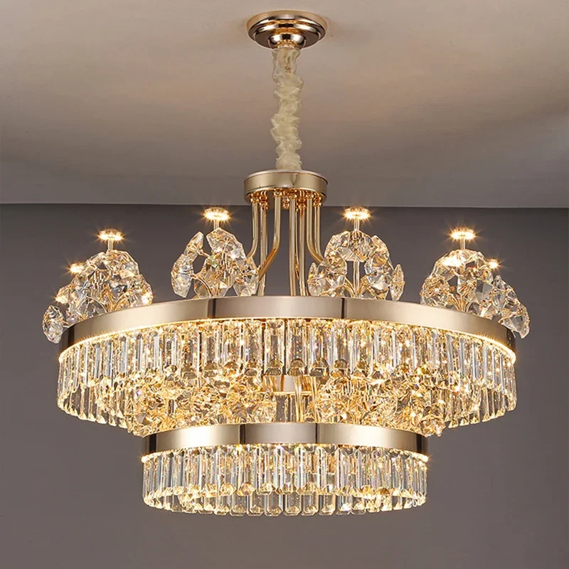 Postmodern Light Luxury Double-Layer Crystal Chandelier Villa Building Duplex Building Home Atmosphere Living Room Pendant Light