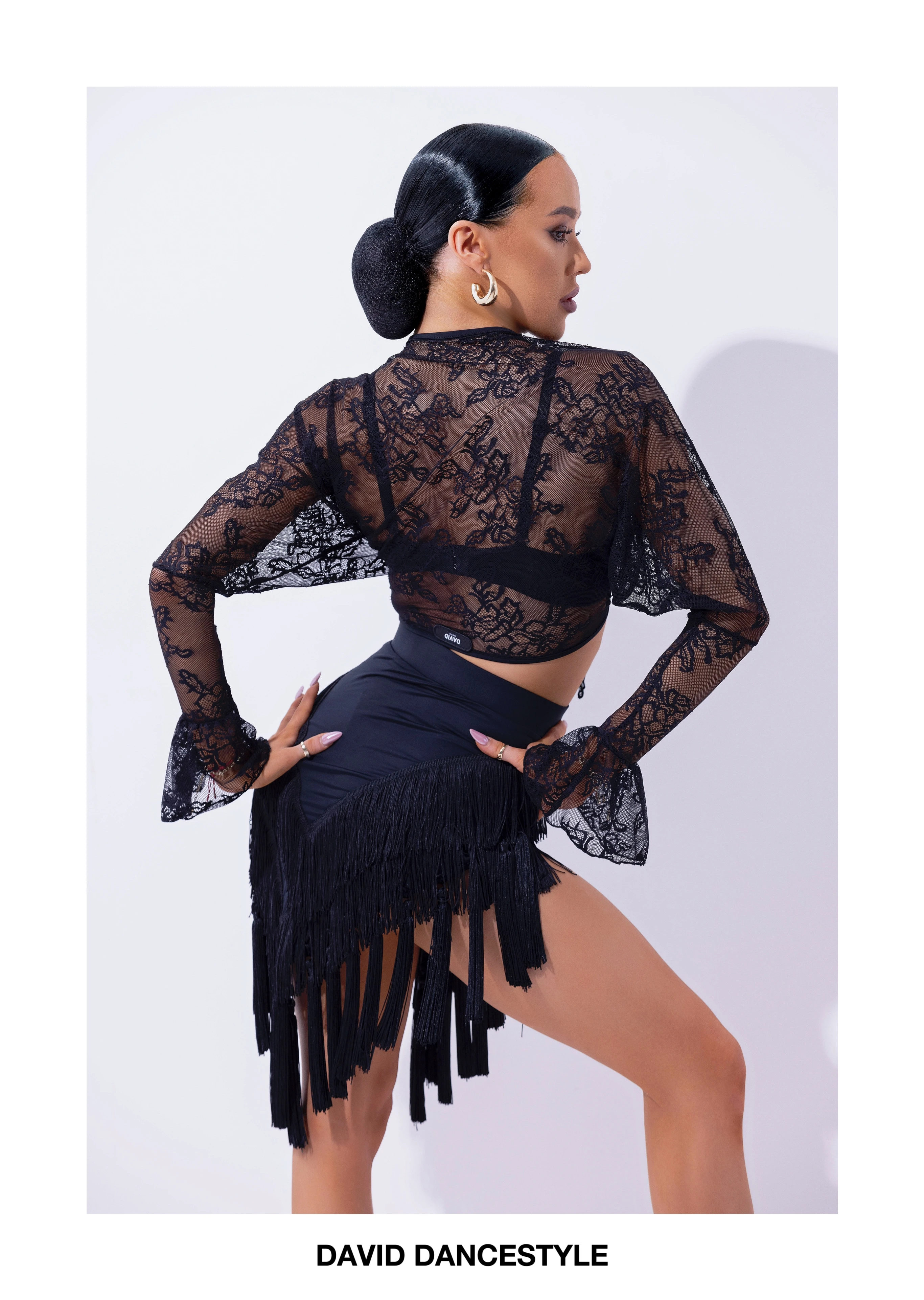 UK latin dansjurk Meisjes 2-delige trainingsset met kanten schouderophalen, Salsa-oefenkleding met hoge split en franje