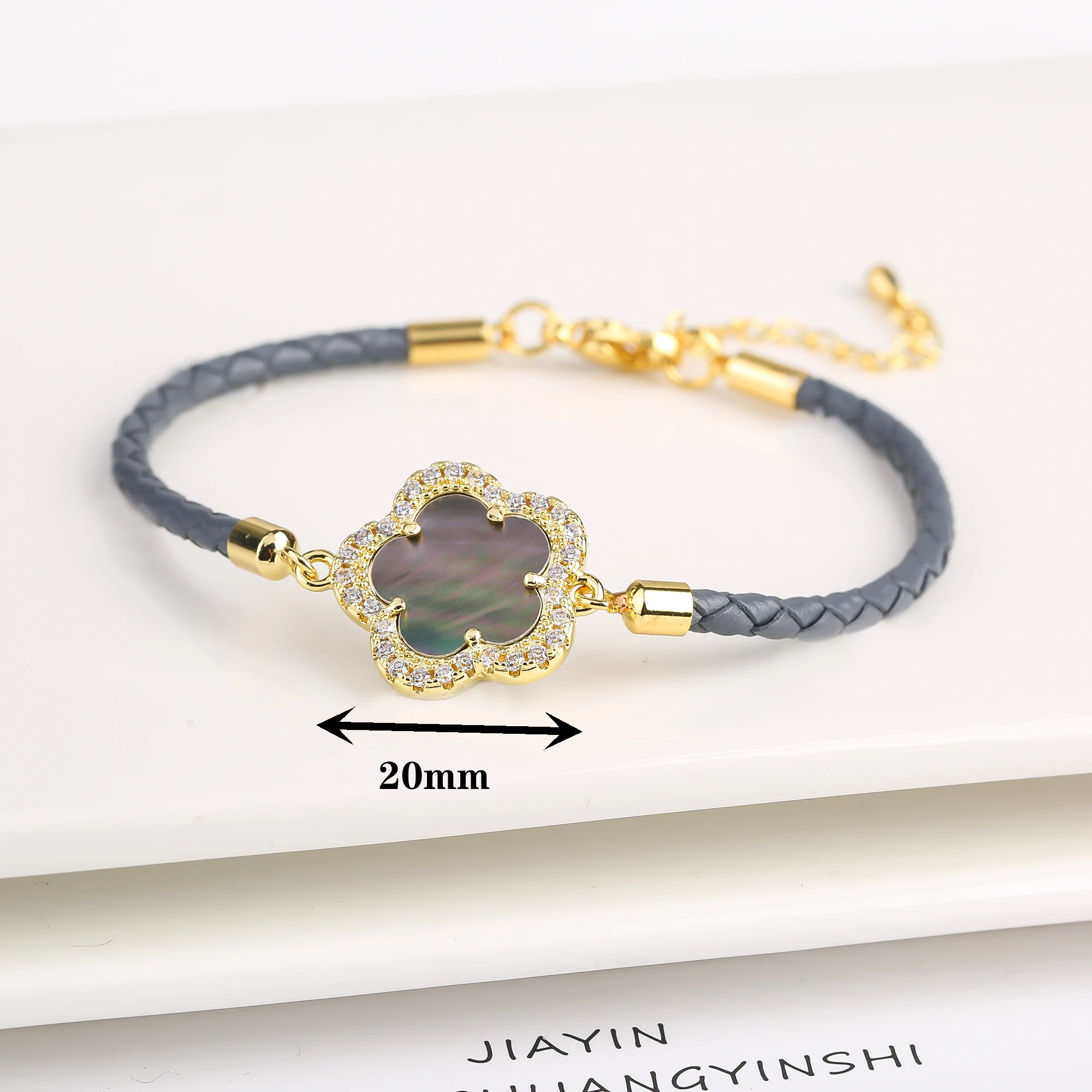 Classic Genuine Leather Woven Natural Stone Flower Charm Bracelet