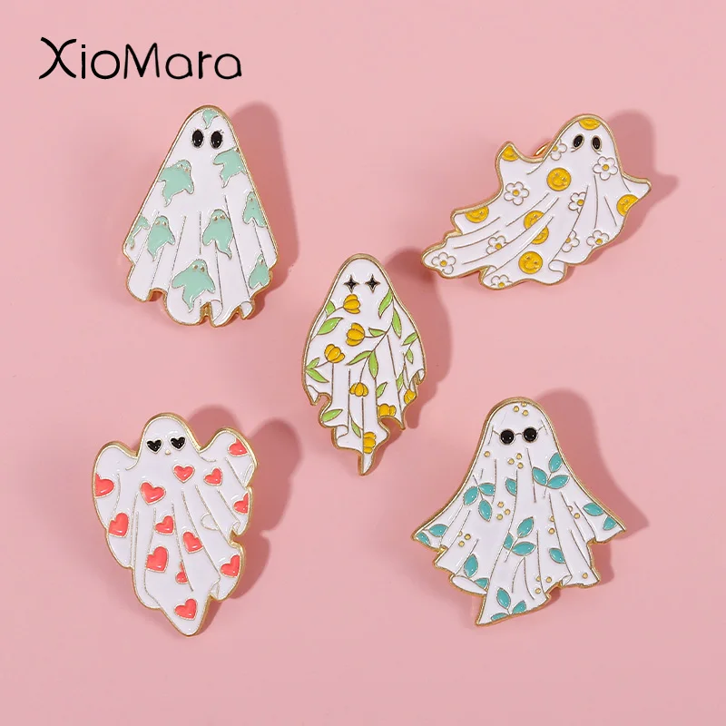 Colorful Sweet Ghost Enamel Pins Custom Halloween Flower Spooky Brooches Lapel Badges Funny Jewelry Holiday Commemoration Gift