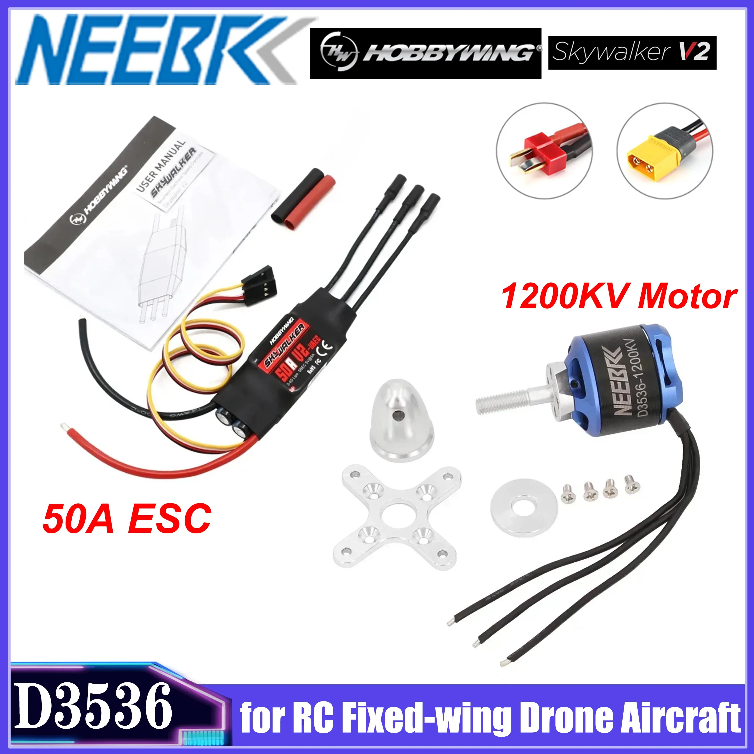 

NEEBRC D3536 3536 1200KV Brushless Motor with 50A V2 ESC Combo T/XT60 Plug for RC Fixed-wing Drone Aircraft Plane Glider Parts