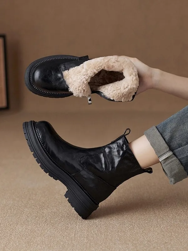 

Теплые ботинки с круглым носком на подкладке, женские зимние новые зимние ботинки на меху ягненка, ретро-сапоги Thi Bot ort