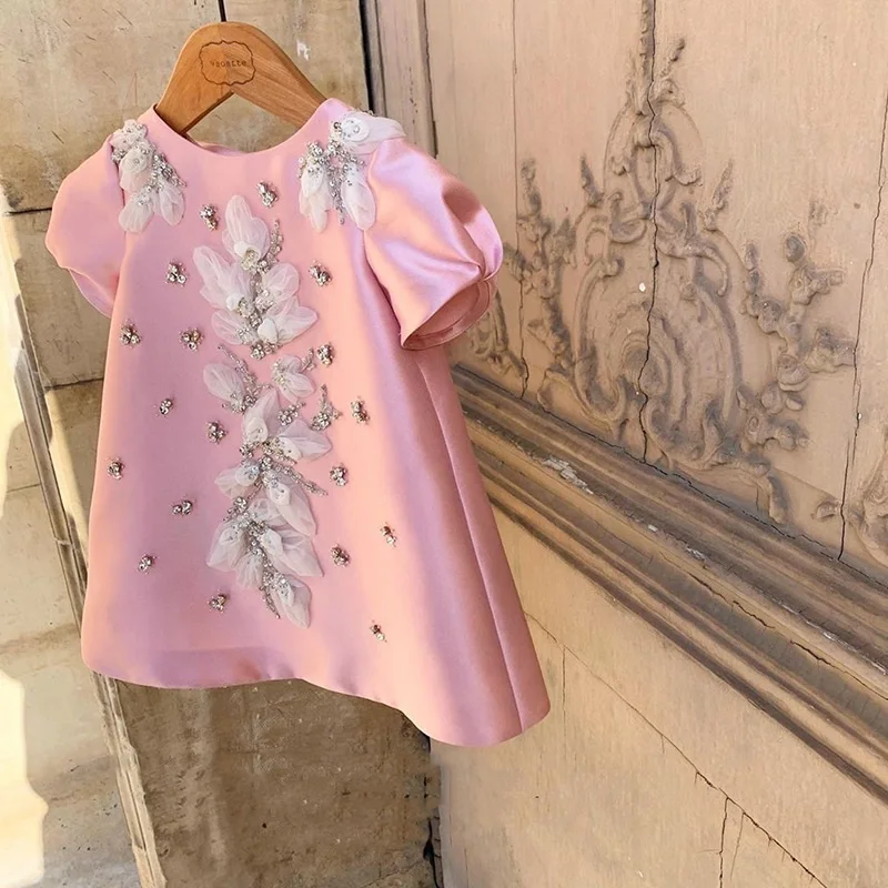 Baby Girl Princess Pearl Beading Flower Lace Silk Dress Puff Sleeve Child Vestido Party Pageant Birthday Baby Clothes 1-12Y