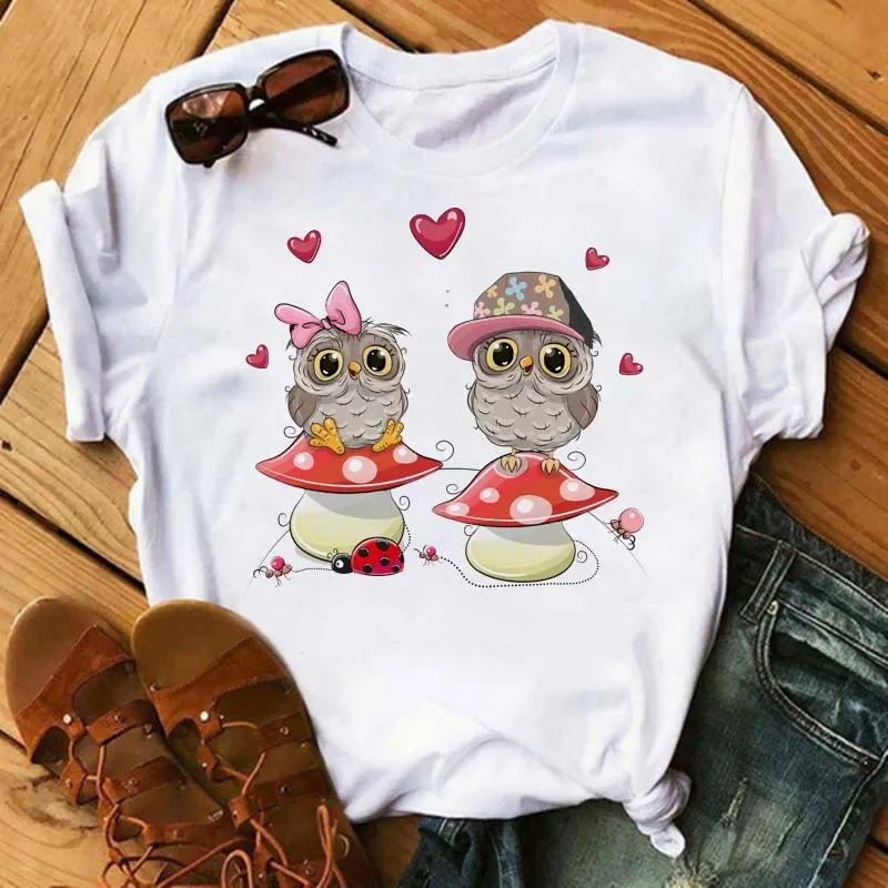 Plus Size Maycaur kreskówka sowa Print T Shirt kobiety Kawaii koszule graficzne Casual z krótkim rękawem trójnik żeński koszulki Harajuku z okrągłym