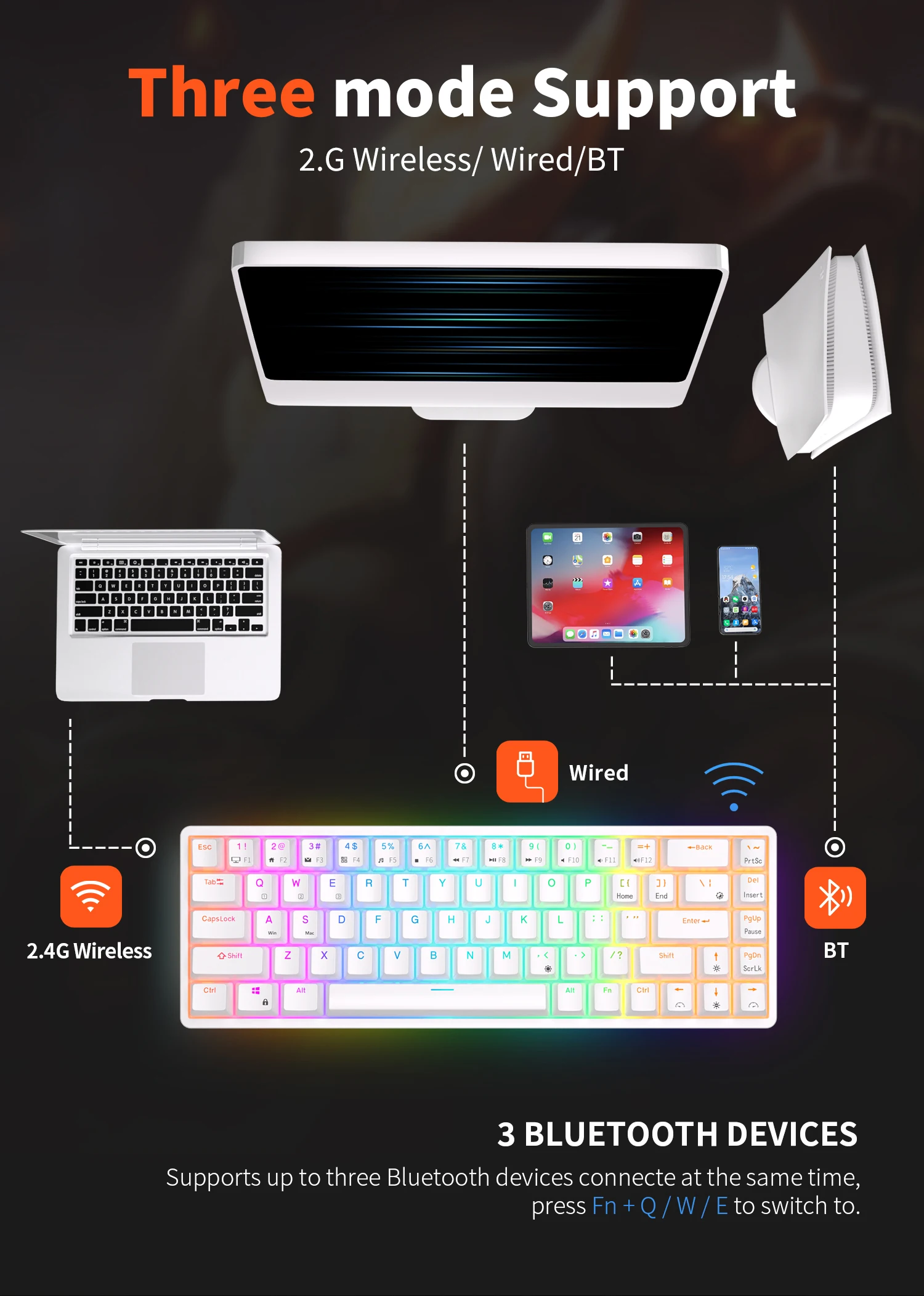 RKG68 RK837 Wireless Mechanical Keyboard 68 Key 65% RGB Backlight Hot Swappable 2.4Ghz Bluetooth USB Wired Gaming Royal Kludge