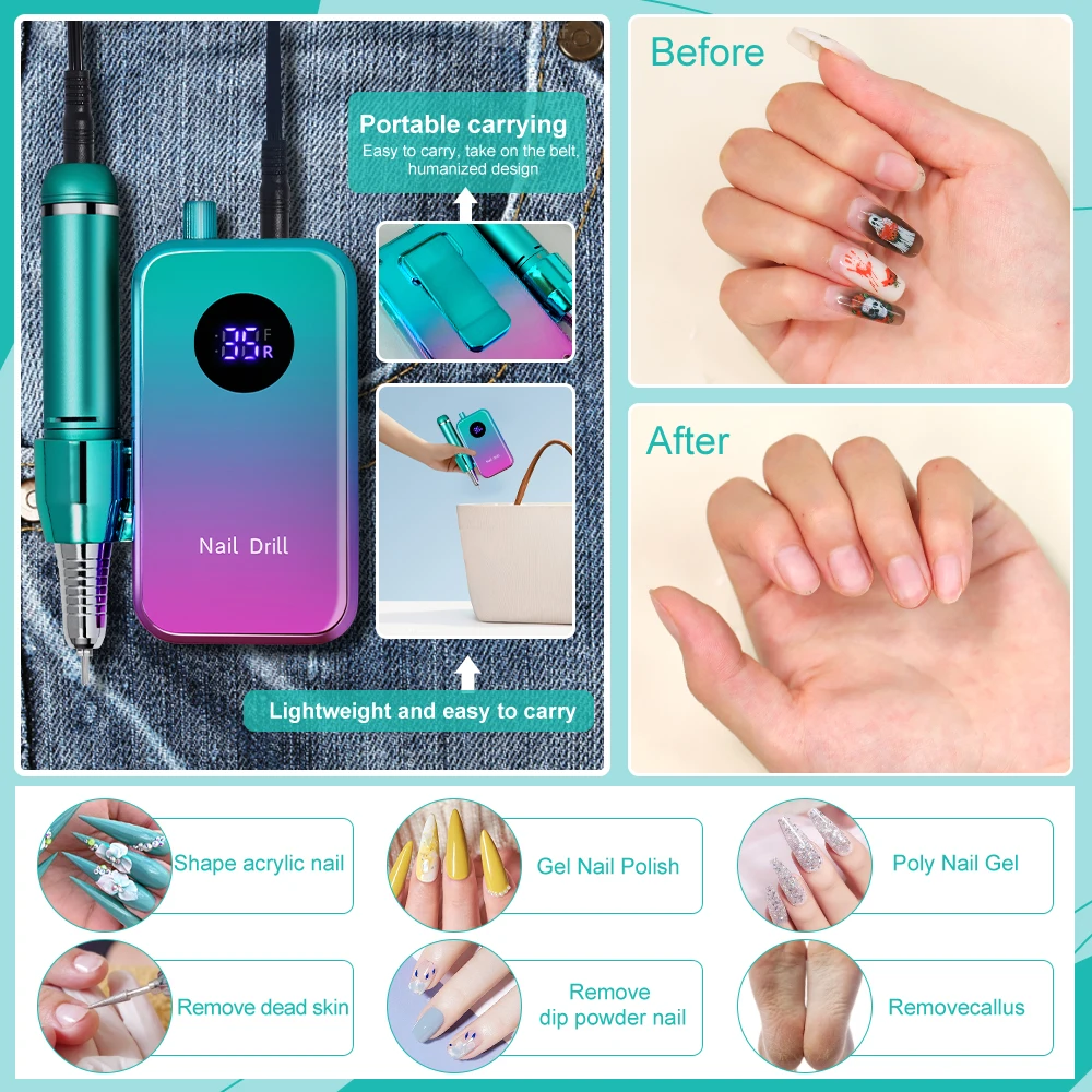 グラデーションカラーネイルドリルマシン、研削ヘッドセット付き、35000 RPMマニキュア充電式ネイルポリッシャー、軽量&ポータブル