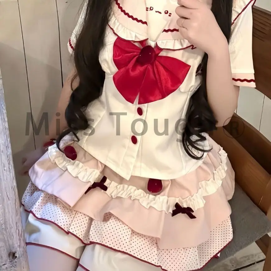 Embroidery Lolita Design Japanese Sweet Women's 2 Piece Set Bow Polka Dot Pleated Skirt Suits Kawaii Summer Daily School Outfits