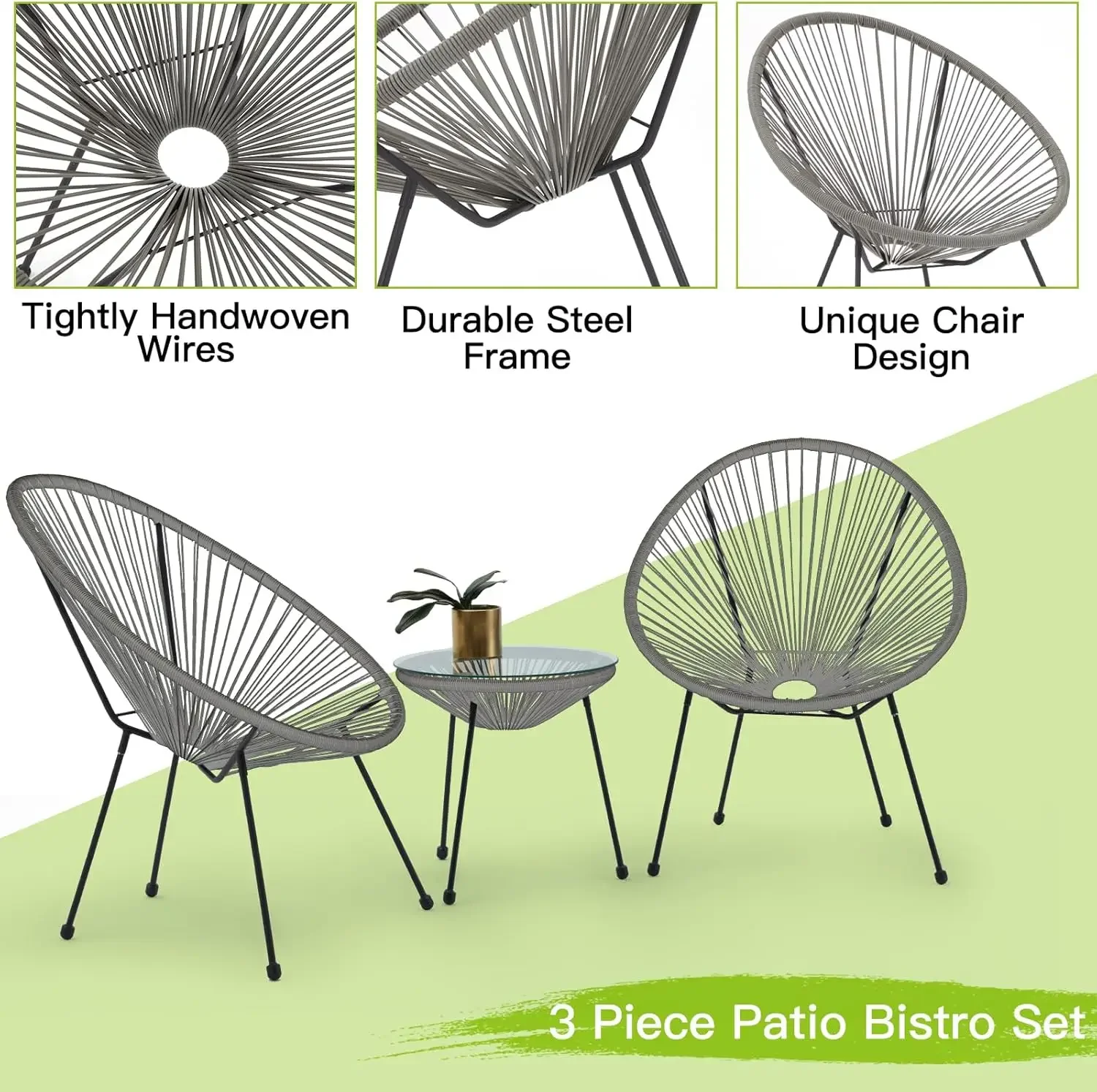 3-Piece Patio Acapulco Chairs Set, All-Weather Wicker Bistro Set w/Pillow & Glass Top Table, Outdoor Rattan Conversation Set for