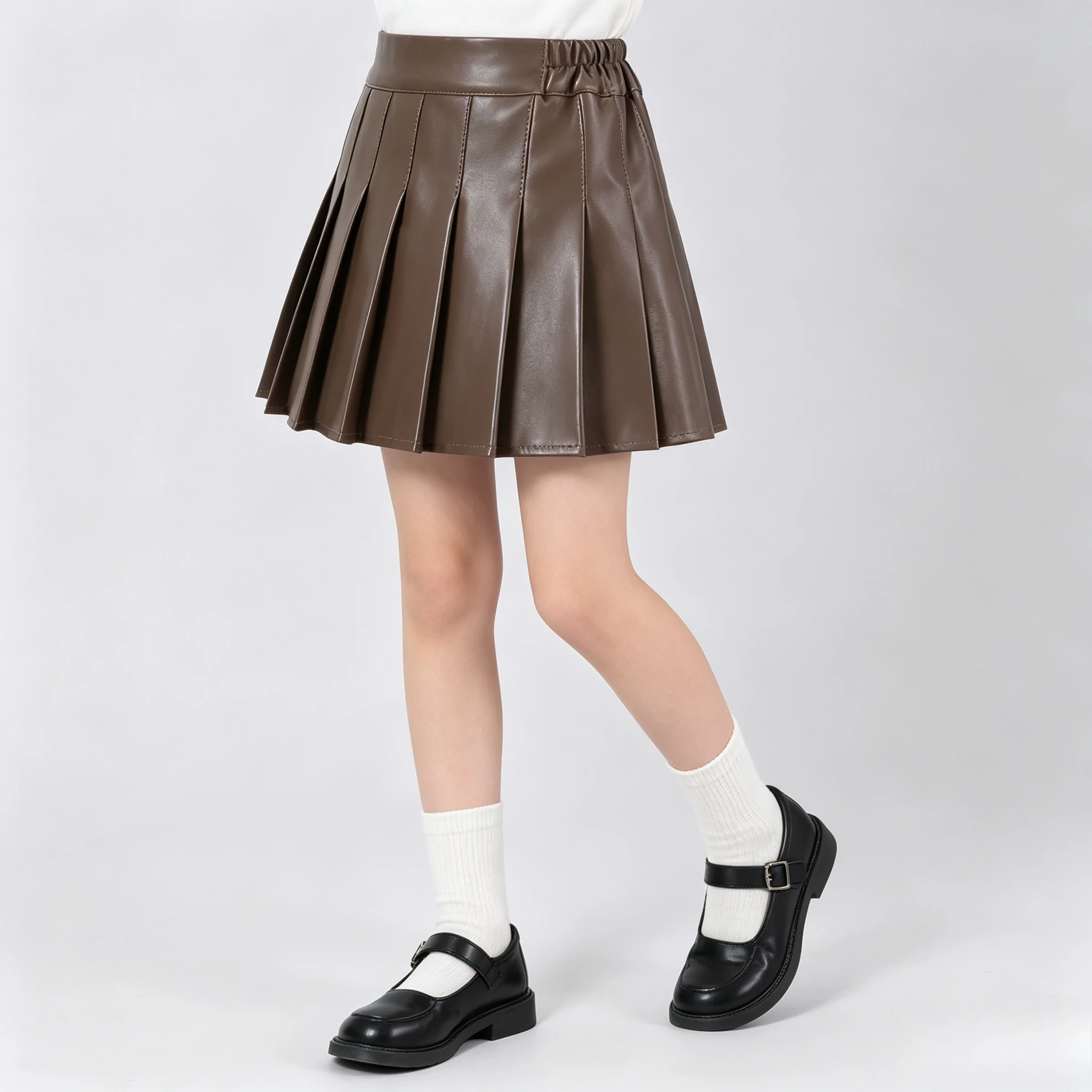Girls Black High Waist Pleated Skirt PU Leather A Line Mini Skort Kids Fall Winter Daily School Party Outfit Brown Casual Bottom