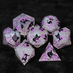 1-7Pcs DND Moon Black Cute Cat Solid Resin Purple Kitten Dice Set Multi-sided Polyhedral Dice for D&D COC Role RPG Table Game