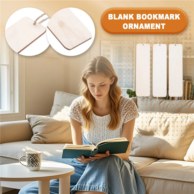 100Pcs Wooden DIY Bookmark Blank Bookmarks With Ropes Wooden Book Markers Rectangle Thin Hanging Tag