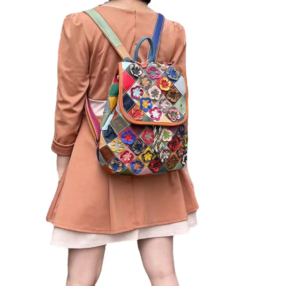 Female Casual Flower Genuine Leather Random Multi-color Backpack Big Size Travel Patchwork Work Daily Laptop Drawstring Daypack