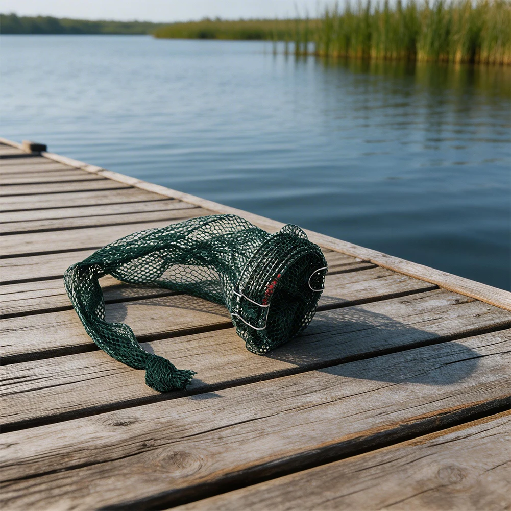 

Spring-Activated Folding Crab Cage for Lobster Shrimp Catching Featuring Galvanized Mesh Frame and Nylon Mesh Body