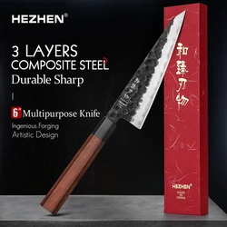 HEZHEN 6 Inch Multipurpose Knife Three-layer Composite Steel Stainless Steel Red Wood Handle Kitchen Cooking Utility Knives