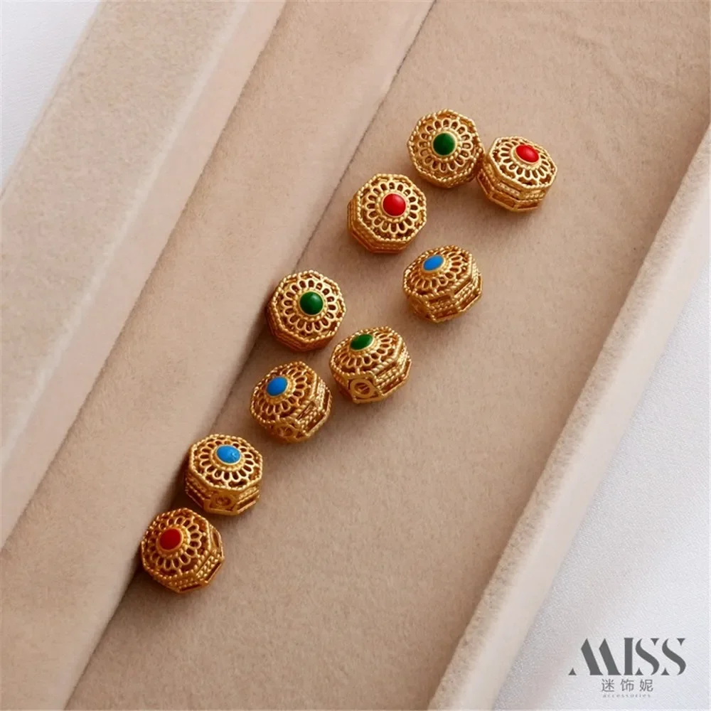 18K Gold Color Matte Gold Fancy Hollow Double-sided Dripping Oil Nanhong Turquoise Bead-separated DIY Bracelet Necklace Jewelry