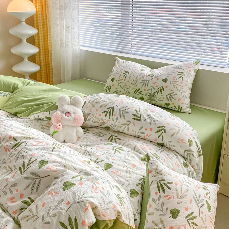 Ins Style Bedding Set No Filler Fashion Green Leaves Duvet Cover and Flat Sheet Pillowcase NO Filler for Girls Adults Bedclothes