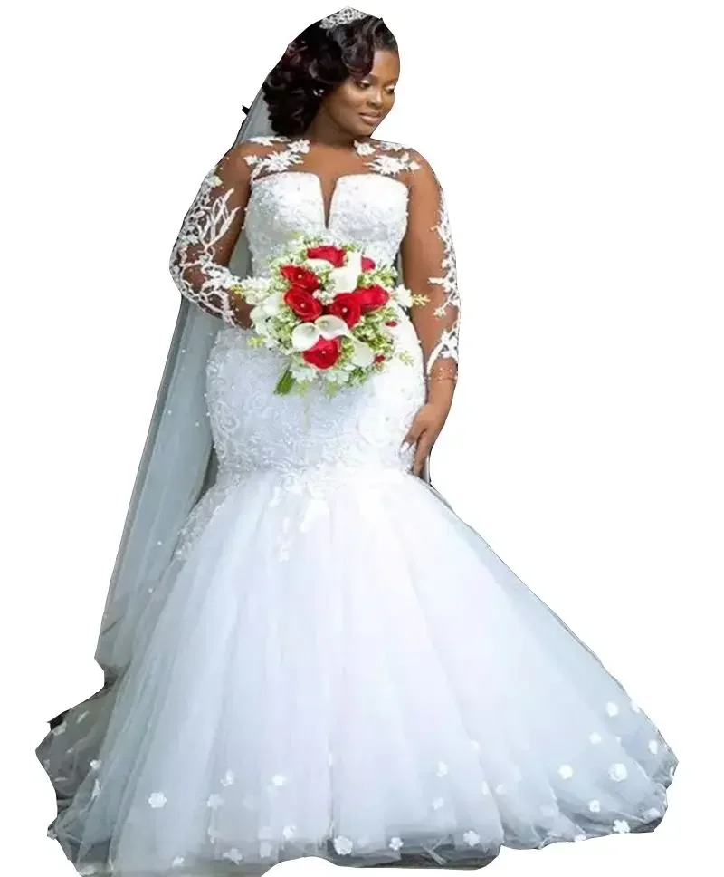 

Customized African Jewel Neck Mermaid Wedding Dresses Full Lace Applique Crystal Beads Pearls Long Sleeves Hand Made Flowers Br