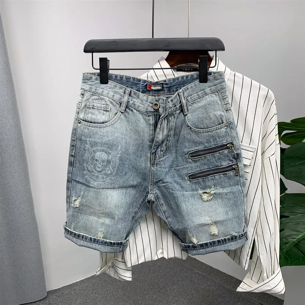 Male Denim Shorts Graphic Wih Zipper Emo Men's Short Jeans Pants Hip Hop Ripped Cut Y2k Fashion Thin Xl Rude Summer Trend 2024