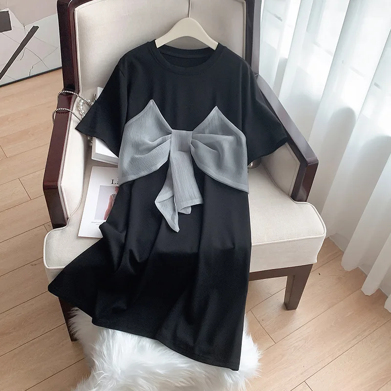 

160Kg Plus Size Women's Bust 160 Summer Loose Round Neck Short-Sleeved Bow Dress Black 6XL 7XL 8XL 9XL 10XL