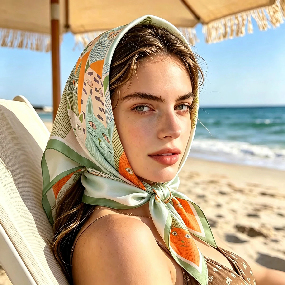 2026 New Square Scarf For Women Cute Cat Print Ladies Hijab Neckerchief Shawl For Travel Soft Stain Imitation Silk Scarves