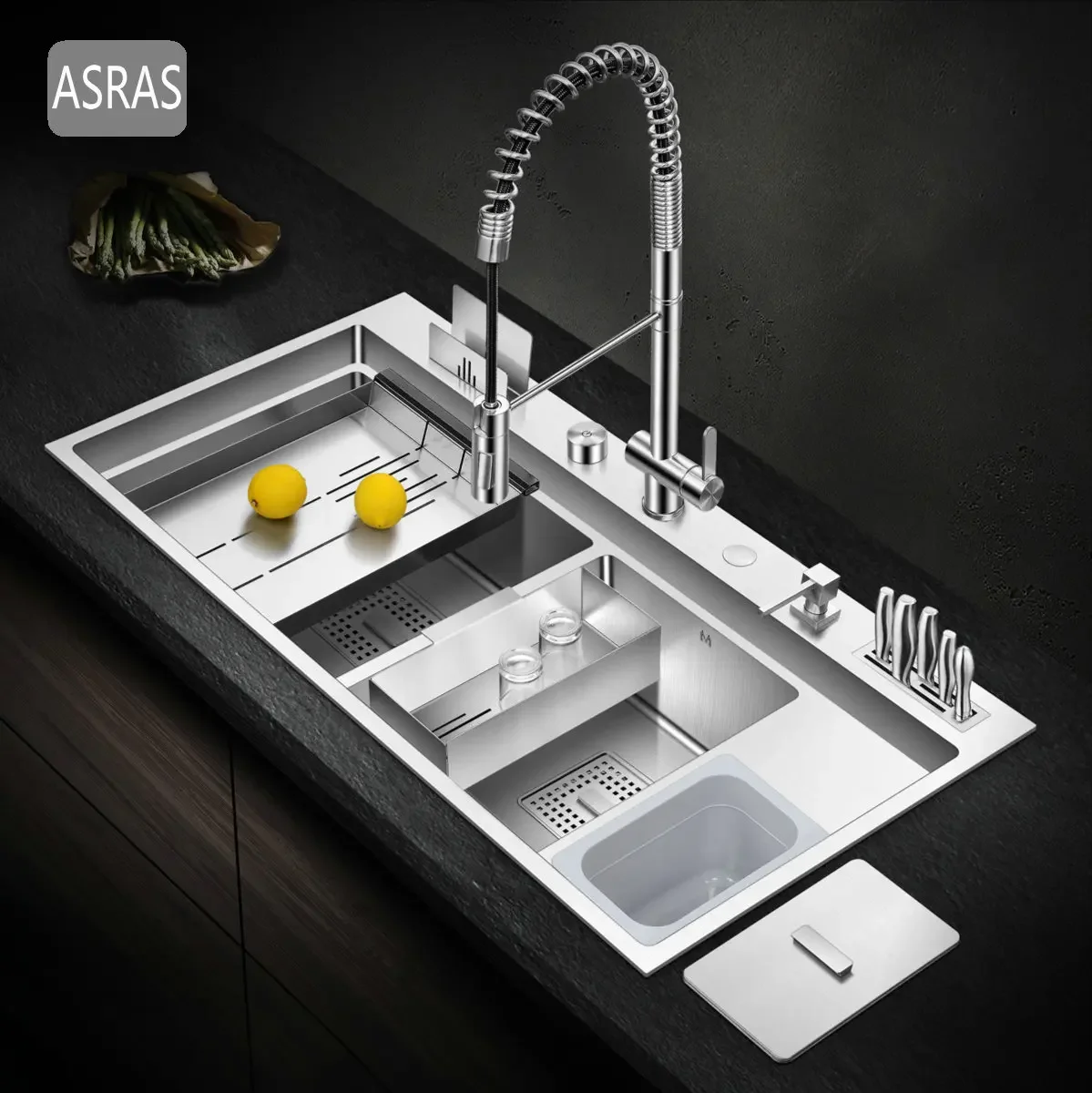 

Asras 9848L Handmade Kitchen Sink Set with Rapid Drainage 304 Stainless Steel Double Sink with Multi-functional Faucet