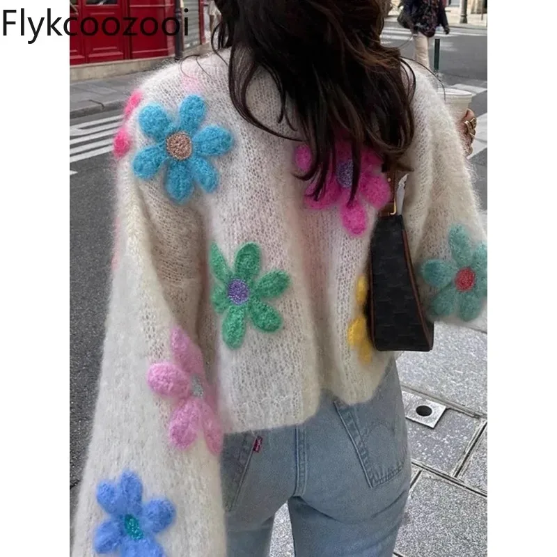 Women Printing Sweaters O-Neck Colorful 3D Flower Long Sleeved Knitted Cardigan Autumn Lazy Casual Gentle Ladies Clothing Wear