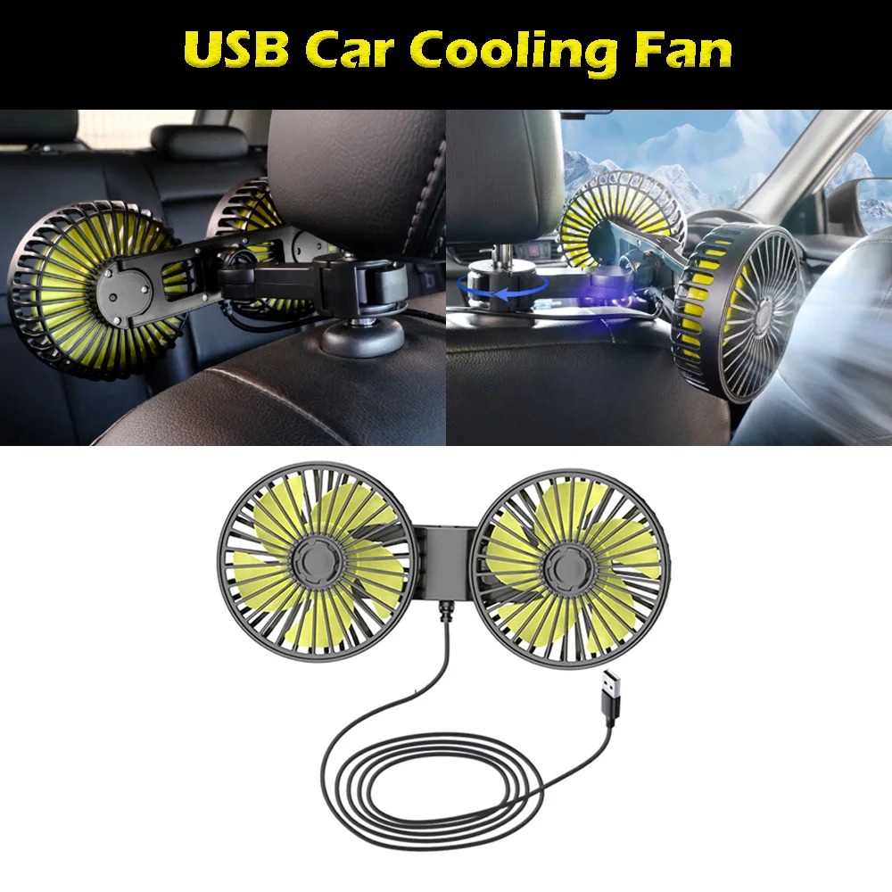 Car Seat Back USB Cooling Fan Dual Head Auto Headrest Ventilation Fan 360° Rotation Electric Seat Back Cooler for Vehicle SUV