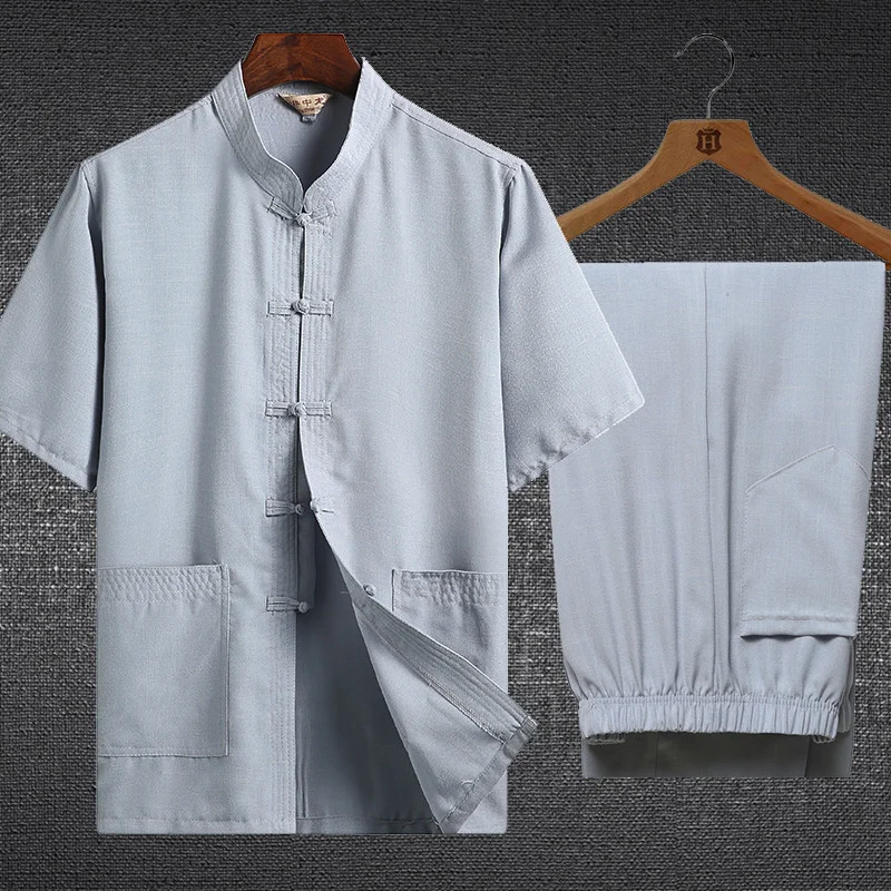 Costume Tang chinois à manches courtes pour homme, vêtement de couleur unie, en coton et lin, chemise Hanfu Kung Fu, Tai Chi, été