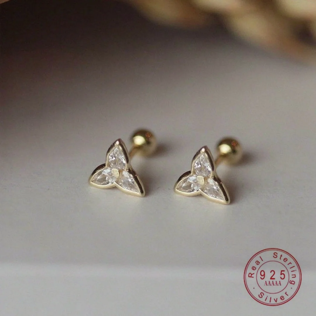 Pendientes de tuerca con cierre de rosca de plata de ley 925 para mujer, joyería exquisita con flores de circonita y diseño de molino de viento, chapada en oro de 14 quilates.
