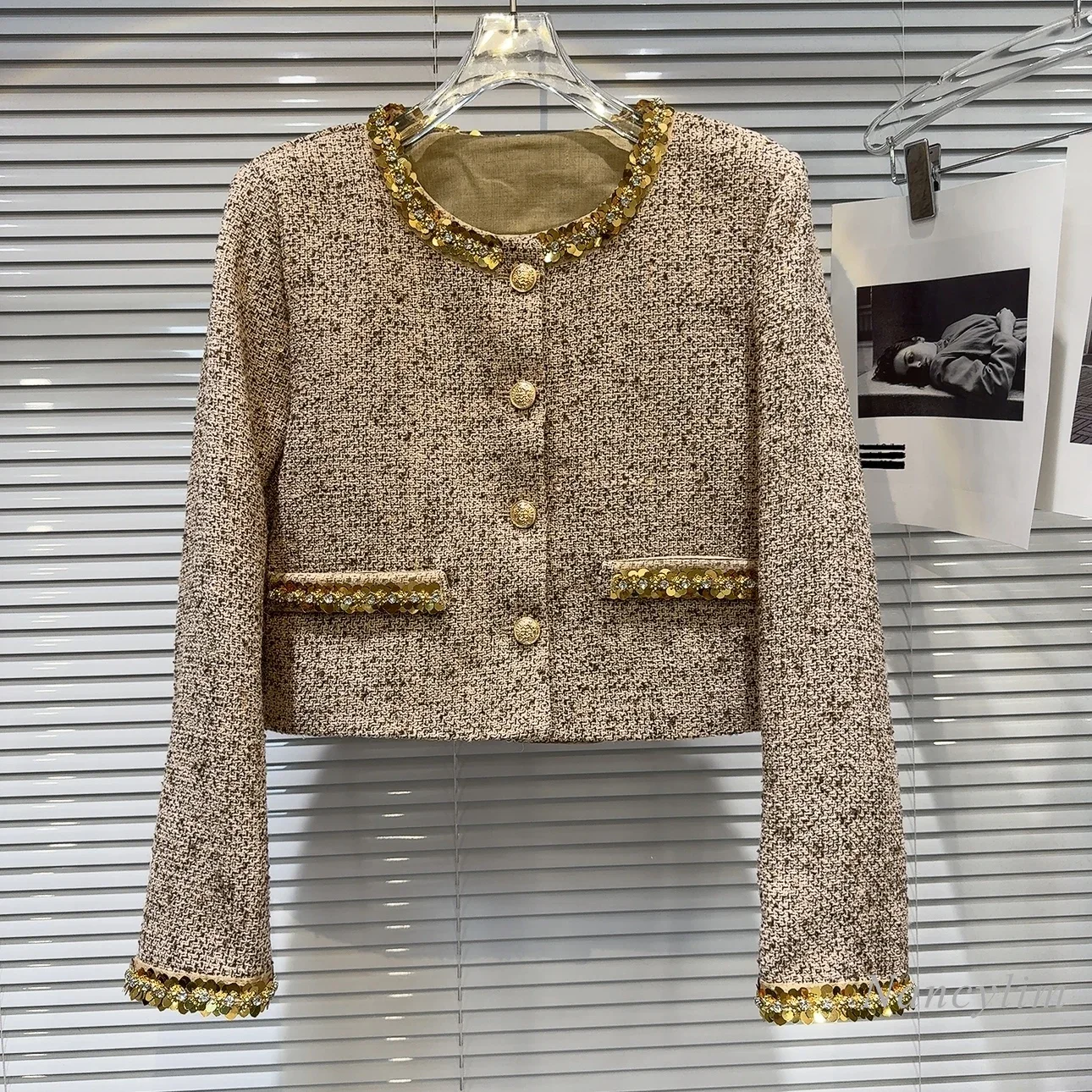 2024 Autumn Ladies Elegant Outfits New Gold Sequined Edge Short Coat + Tweed Short Skirt Suit for Women Two Piece Sets