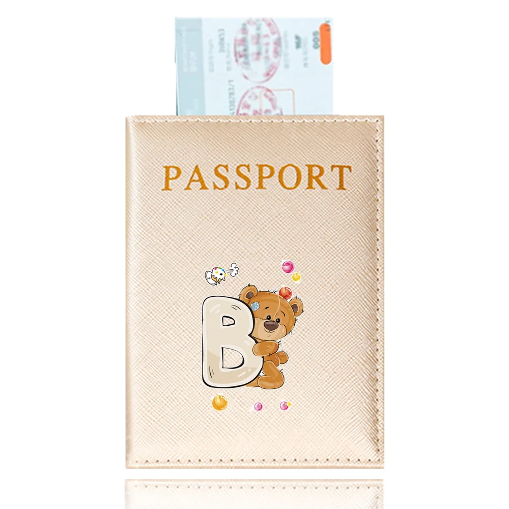 Funda de pasaporte de viaje con patrón de letras de oso rosa, funda protectora para tarjeta de crédito de viaje, soporte para identificación y