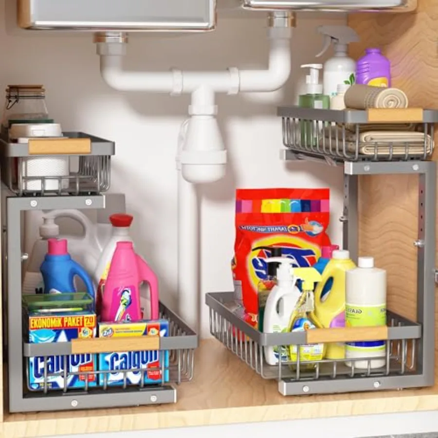 

Under Sink Organizer 2 Pack, 2 Tier Slide Out Large Capacity Height Adjustable Under Sink Organizers and Storage for Kitchen Ba