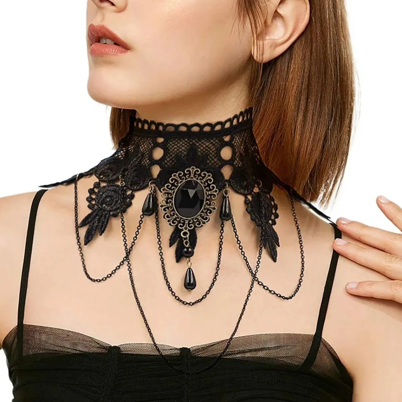 Gothic Victorian Black Lace Necklace Women Girl Boho Crystal Tassel Sexy Lace Choker Neck Strap Dark Loli Style Jewelry