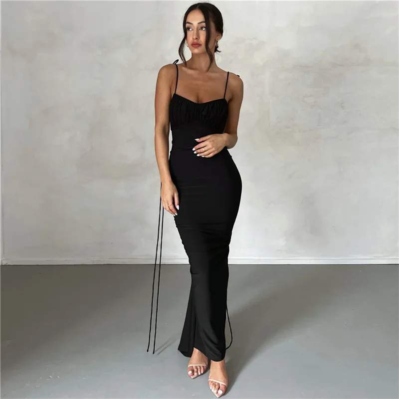 Summer sexy pleated solid color strap with perspective high slit backless sleeveless long skirt