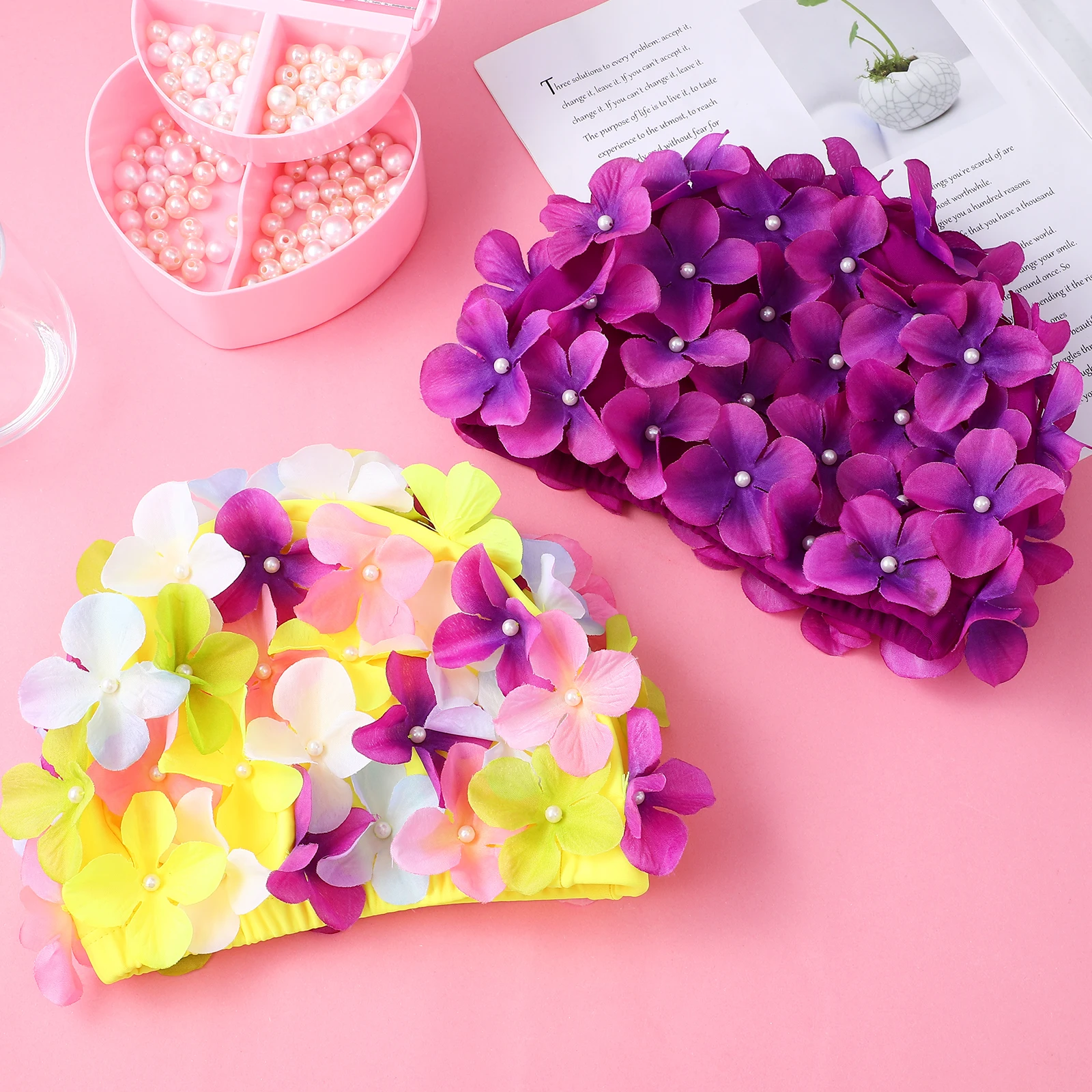 

2 Pcs Aldult Flower Swimming Cap Child for Women Floral Caps Nylon Fabric Hat Ladies Hats