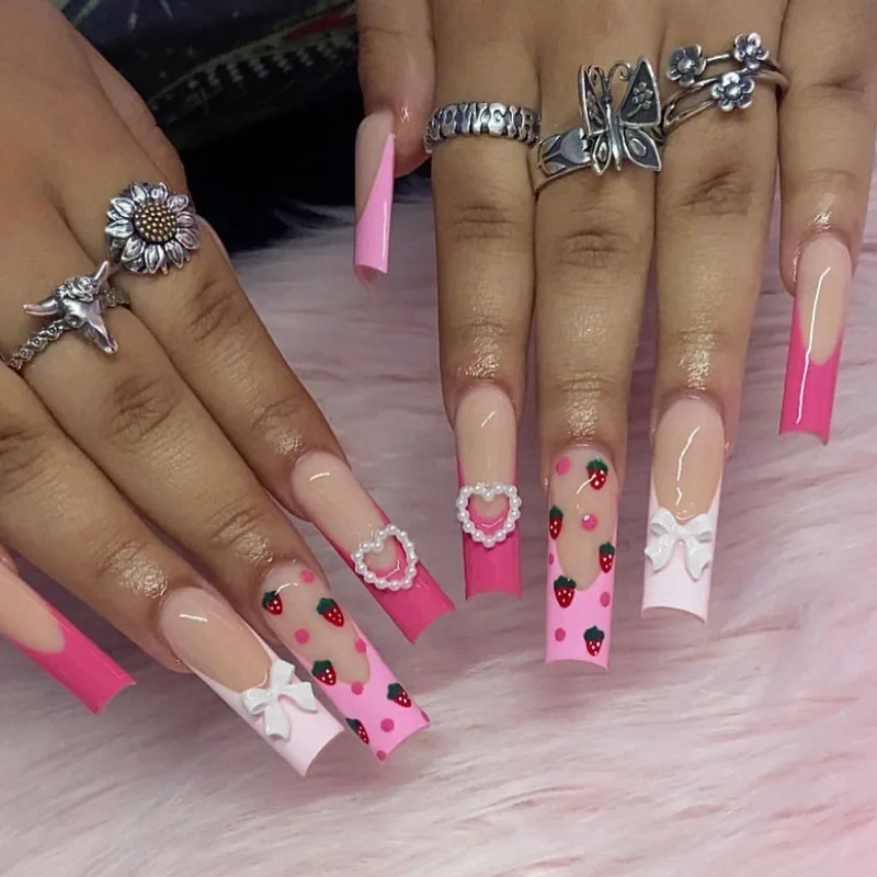 Press On Nails Long Coffin Y2k Strawberry Print Pearl Heart Bowknot Pink French False Nails For Women Daily Party Nail Art