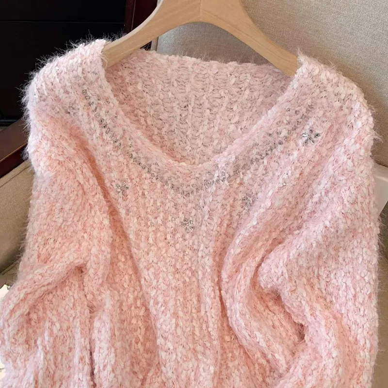 

Розовые милые вязаные свитера, женские модные элегантные джемперы с ленивым ветром и бриллиантами, корейские шикарные свободные осенне-зимние пуловеры с длинными рукавами