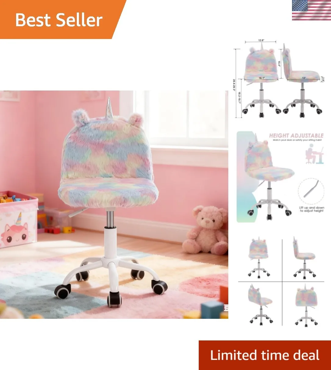 Cute Fuzzy Kids Chair Funny Rolling Study Desk Chair Colorful Girls Vanity Sw...