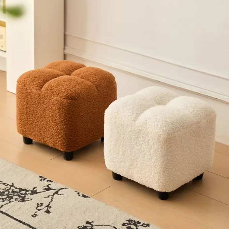 Household Low Stool Lamb Wool Sofa Stool Storage Stool Shoe Changing Stool Solid Wood Chair Square Stool Sofa Chair Entrance