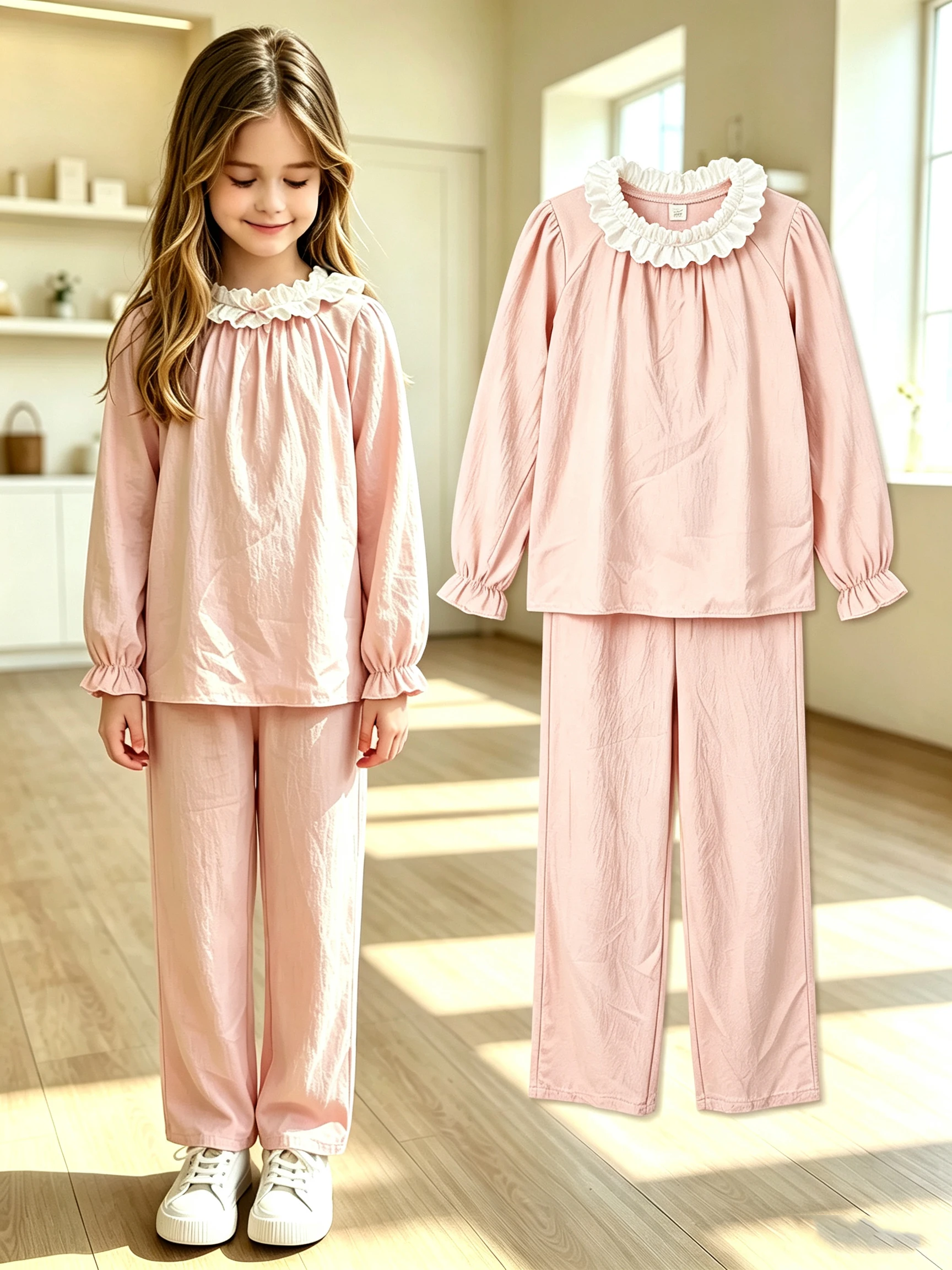 Girls' fashionable home wear for spring and autumn, girls' outdoor leisure lace-edged lotus leaf pattern nightgown