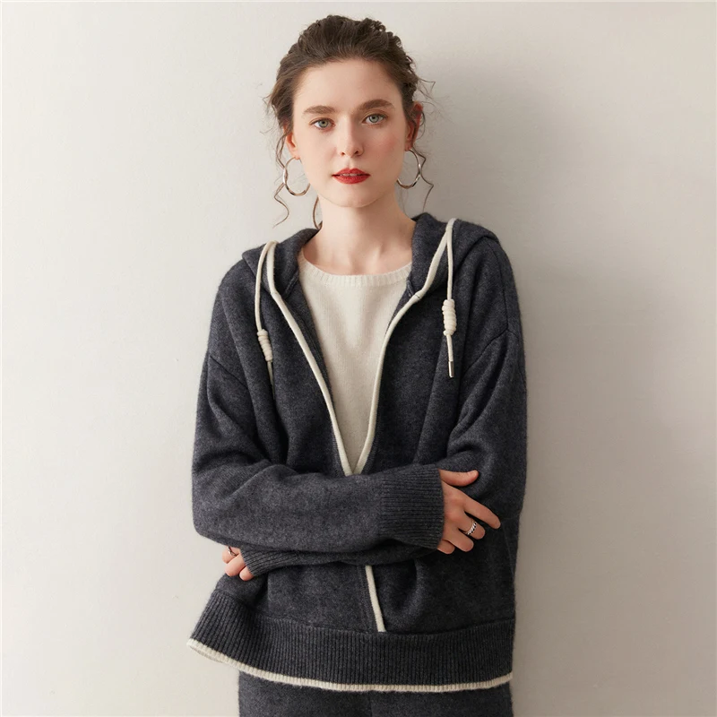 

Высококачественные женские пуловеры с капюшоном, повседневные свободные толстые, мягкие, теплые, из 100% кашемира, вязаный свитер с минималистичным дизайном по подолу, топы