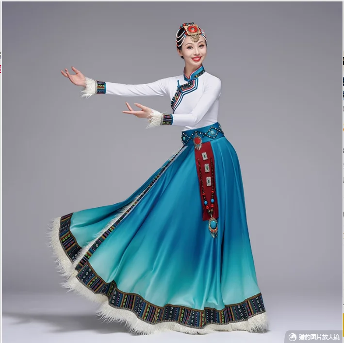 

Tibetan Dance Performance Costume, Women's Ethnic Style, Big Skirt Display