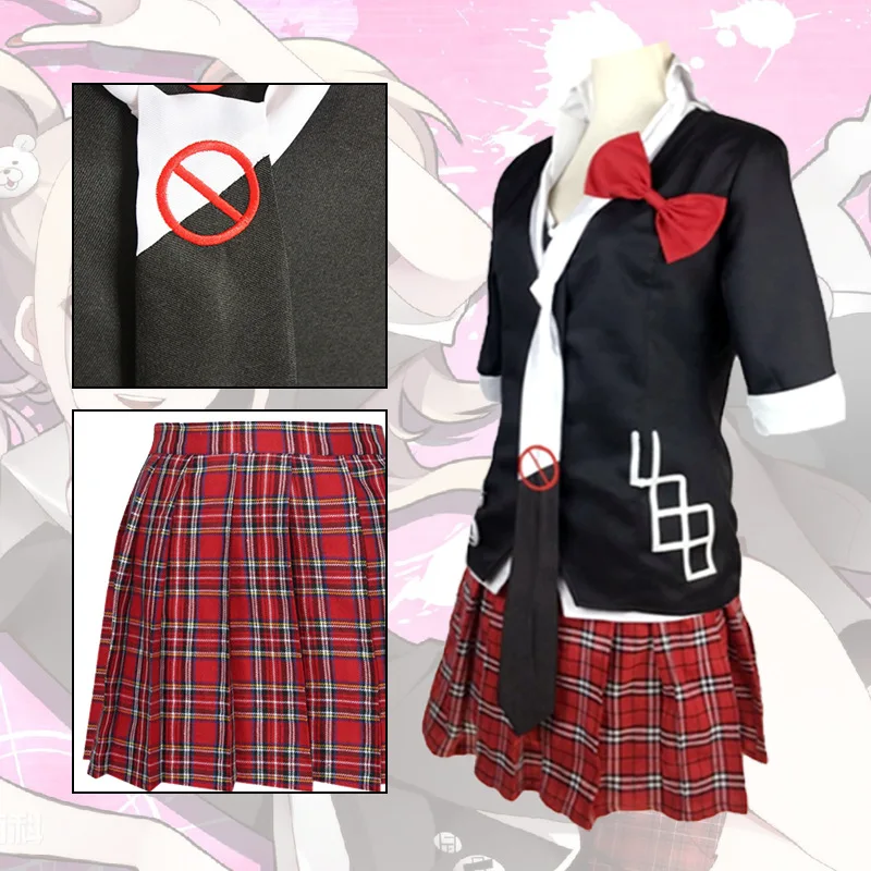 Anime danganronpa enoshima junko cosplay traje uniforme café roupas de trabalho saia curta cauda dupla trança peruca traje do dia das bruxas