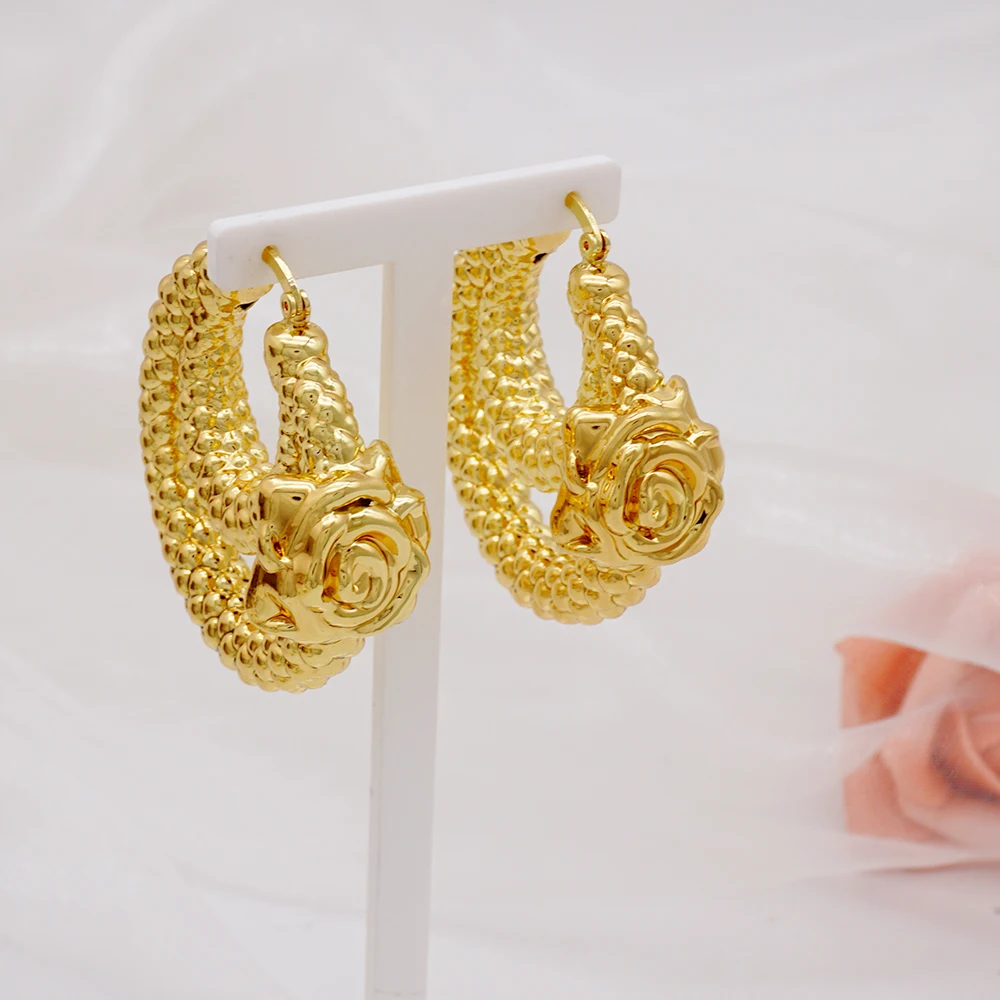 Jewelry Fashion Gold Color Earring Bohemia Flower Round Drop Copper Hoop Earrings Circle Coper Earrings Wedding Accessories Gift