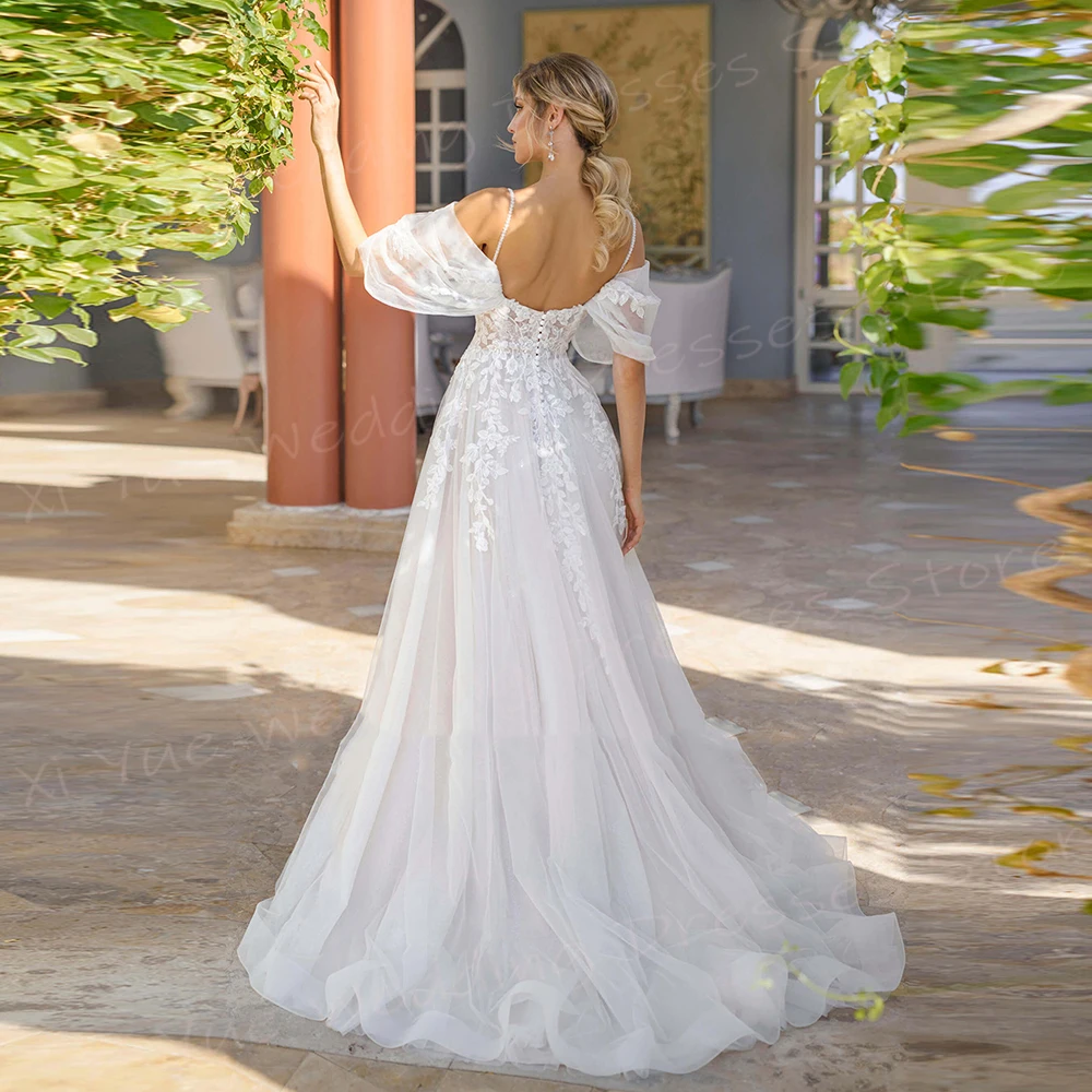 Eleganti abiti da sposa da donna A Line Appliques di pizzo alla moda abiti da sposa con spalle scoperte spacco laterale alto Vestido De Noivas