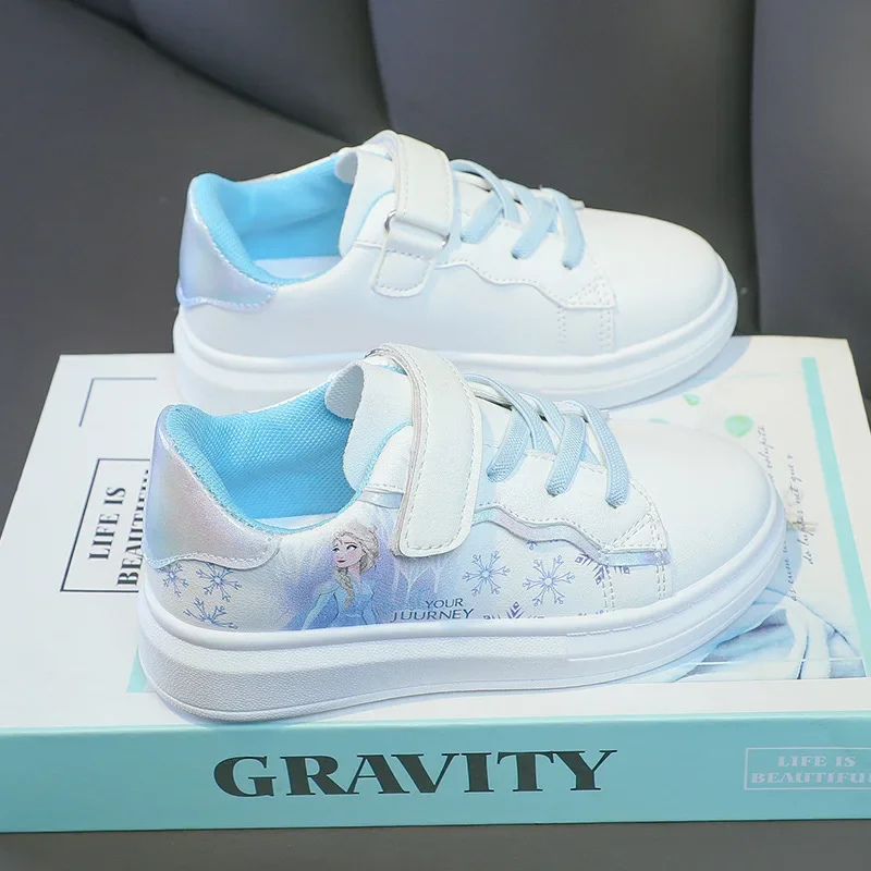 Zapatillas deportivas de cuero de dibujos animados para niños, zapatos informales blancos para estudiantes, impermeables, de fondo suave, para correr, princesa Elsa, Anime