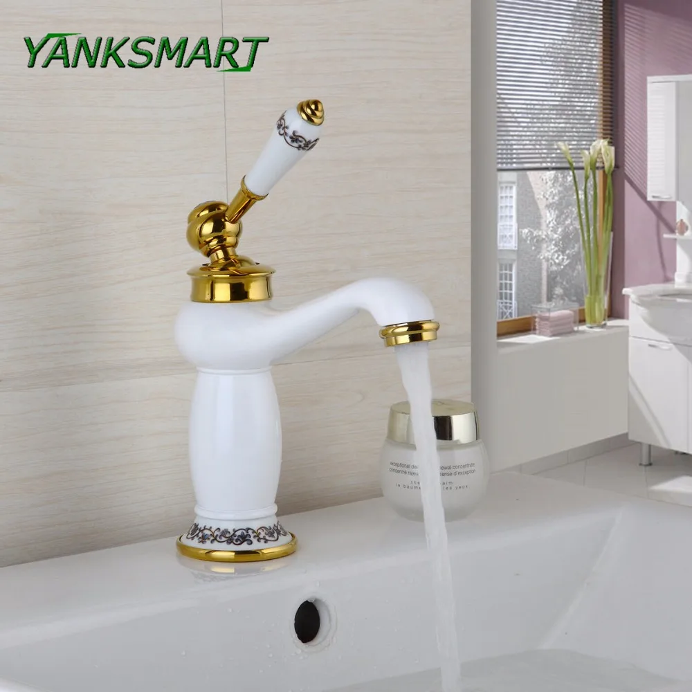 

YANKSMART Luxury Diamond Bathroom Faucet Brass Gold and White Faucets Basin Single Ceramic Handle Sink Lavatory Mixer Water Tap