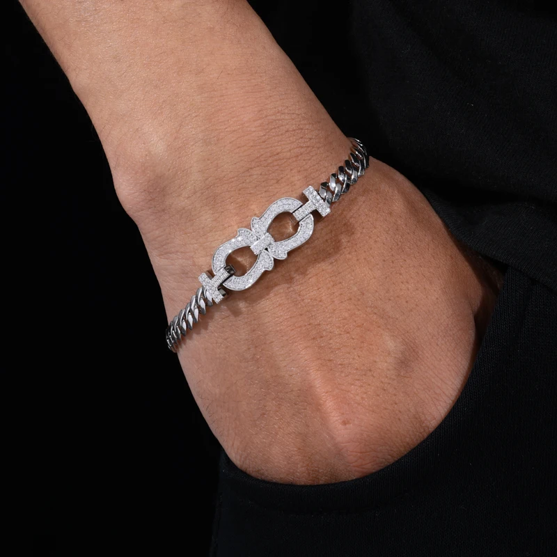 TUHE Silver Plated Copper Cuban Link Bracelet Iced Out Cubic Zirconia Double Horseshoe Charm For Men Hip Hop Jewelry Party Gift view 4
