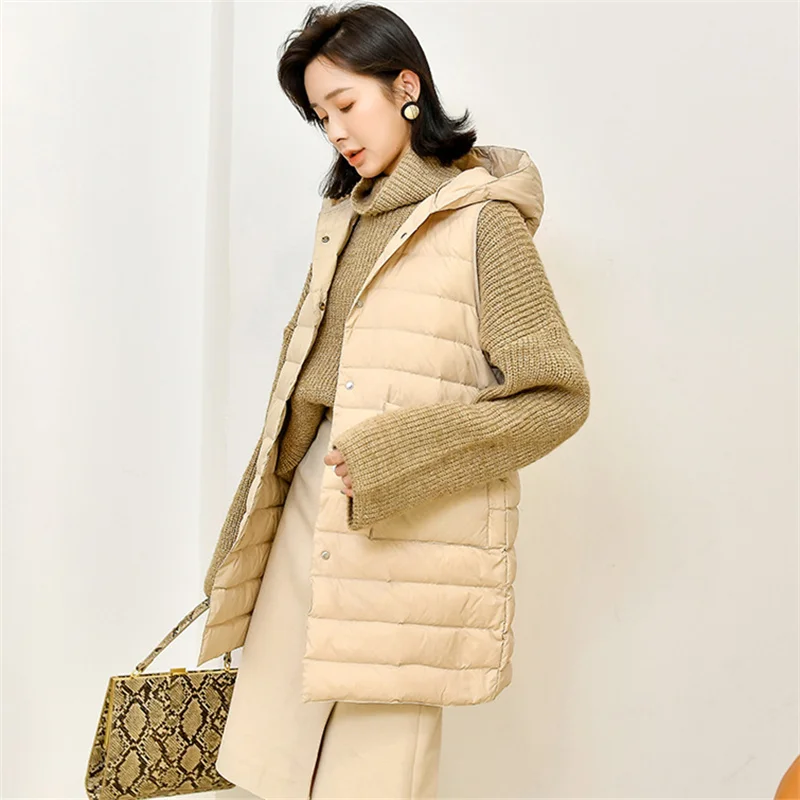 Hooded Down Waistcoat Parkas Autumn Winter Women Warm Ultra Light White Duck Down Vest Coat Female Bigsize Sleeveless Long Tank
